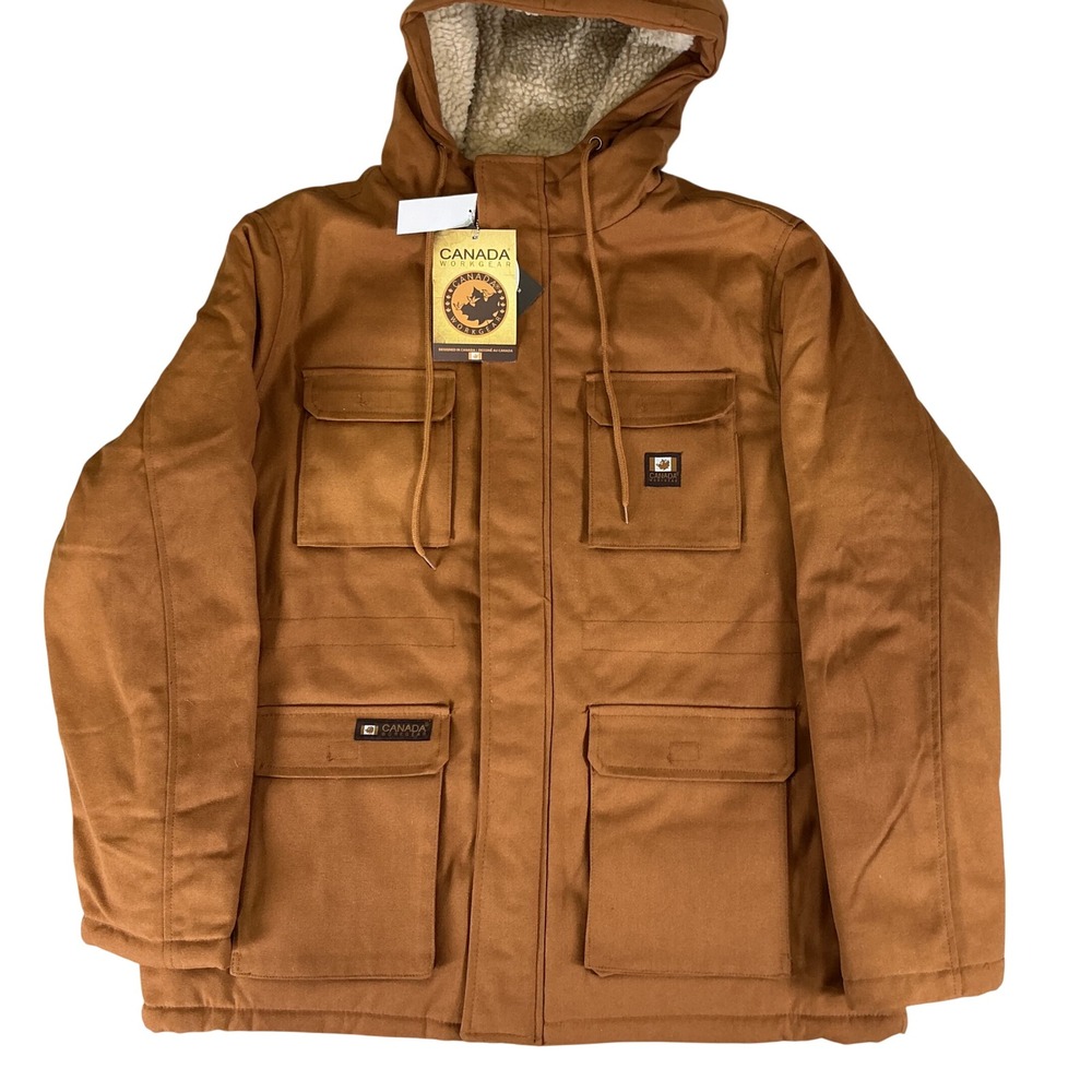 Canada‎ Workgear Mens XL Brown Canvas Hooded Sherpa Lined Winter Work Jacket NWT